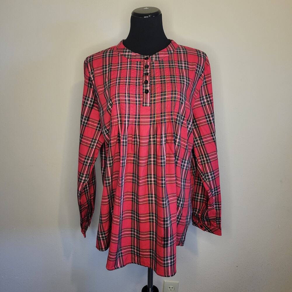 Ella Simone Women’s XL Cotton Red Tartan Plaid Babydoll Tunic Top Long Sleeve